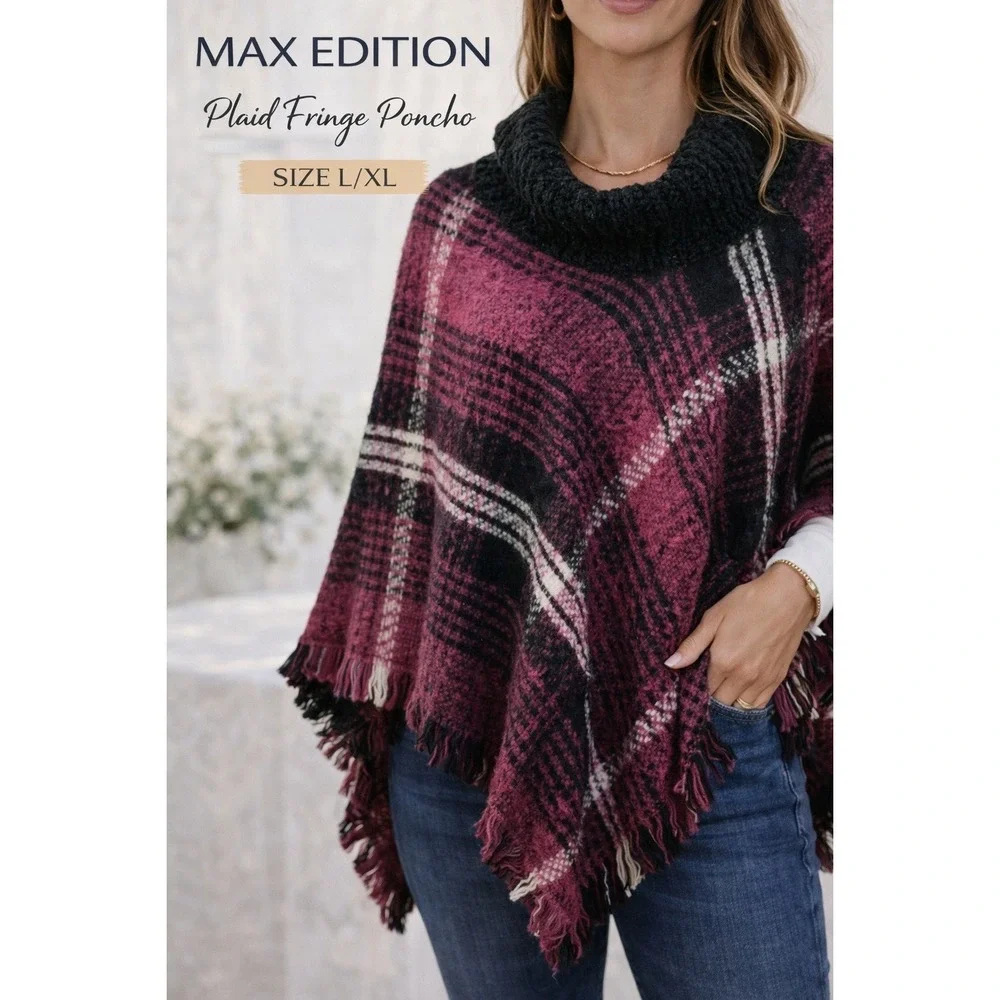 Max Edition Women's Poncho L/XL Burgundy Plaid Cowl Neck Fringe Cozy Wrap casual